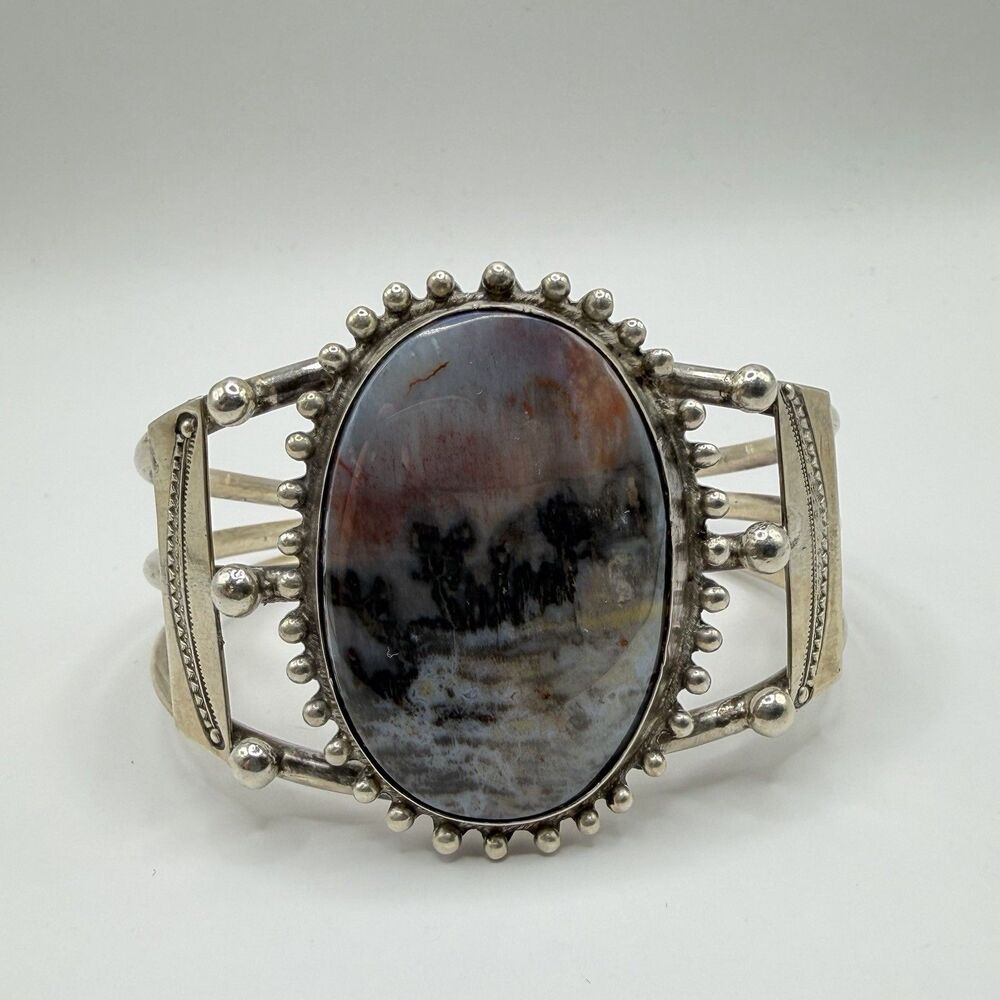 925 Sterling Silver Petrified Wood Large Oval Cuff Bracelet 8" Heavy 51.2g